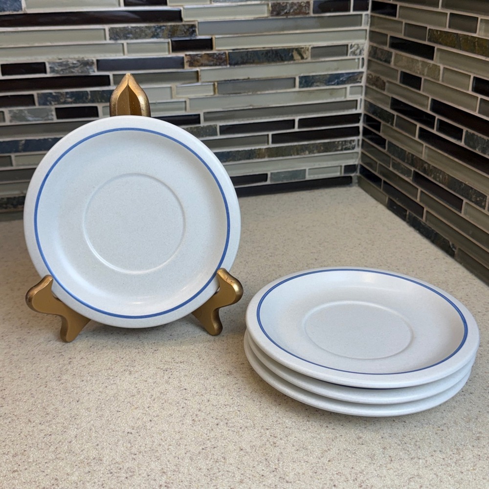 Vintage Pfaltzgraff Yorktowne Saucers Set of 4 Blue Band Gray Stoneware USA 6.5"